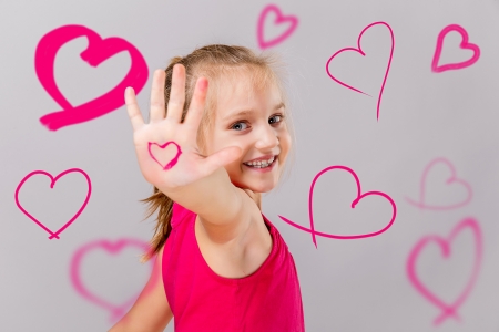 Love you! - girl, pink, heart, hand, child, copil, smile, valentine