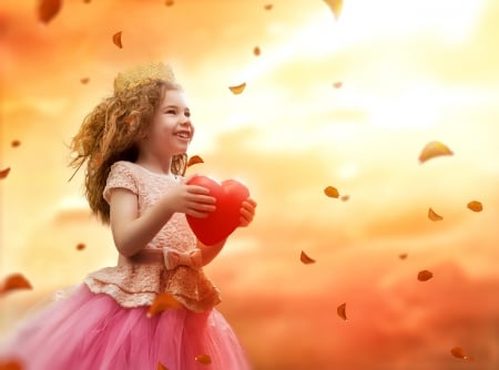 Happy Valentine's Day! - girl, red, heart, child, copil, valentine, wind