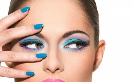 Eyes - woman, girl, eyes, makeup, white, face, ahnd, blue, nails