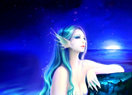 Mermaid - water, blue, girl, sea, fantasy, sunset, siren, mermaid, luminos