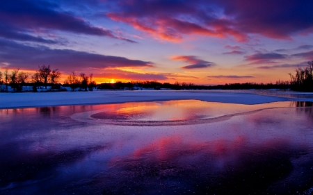 Colors of a Winter Sunset - sky, lake, water, reflection, clouds, ice, colors