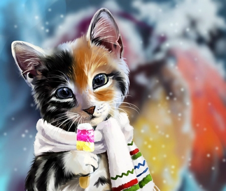 Treat time - cat, scarf, pisica, fantasy, kitten, candy, art, lolippop, lorri kajenna, sweet, cute