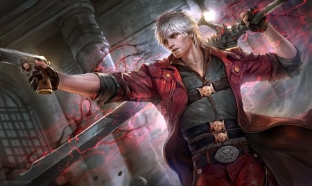 Dante - red, white hair, anime, gun, male, devil may cry, jacket, video games, weapon, man