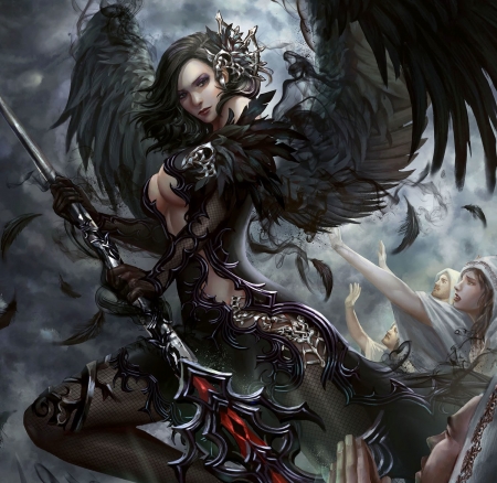 Lady Crow - woman, lady, feathers, female, long hair, wings, darkness, black, fantasy, abstract, dark, beautiful, weapon, fantasy woman, dress