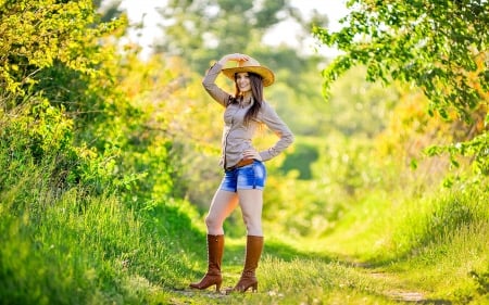 Walking.. - women, fun, female, boots, hats, fashion, models, brunettes, western, girls, cowgirl, style, outdoors, ranch