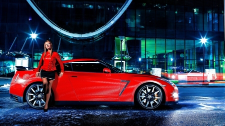 Girl & Nissan GTR - outdoors, model, red, jacket