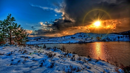 Winter Landscape - nature, lake, landscape, trees, clouds, snow, sun, winter