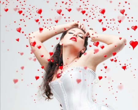 beauty - white, heart, woman, red, model, valentine, girl, card