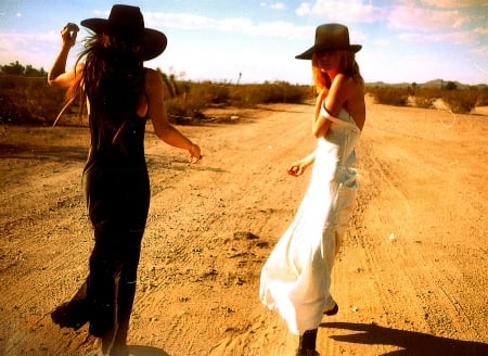 Dancing In The Road.. - women, fun, female, boots, hats, fashion, models, brunettes, western, girls, cowgirl, style, outdoors, blondes, ranch