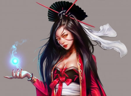 Sorceress - sorceress, fantasy, hand, red, girl, asian, luminos