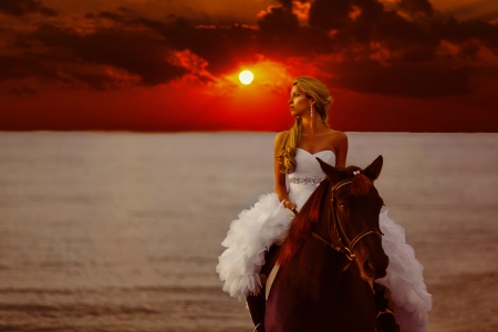 Bride rider - woman, wedding, sky, lady, girl, sun, sunset, bride, lovely, amazing, fiery, pretty, horse, beautiful, sea, rider