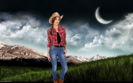 Rocky Top Cowgirl.. - women, moon, fun, female, boots, hats, fashion, models, brunettes, western, girls, cowgirl, style, outdoors, ranch