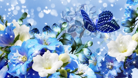 Blue Rhapsody - flowers, Firefox Persona theme, sparkle, summer, blue, morning glory, butterfly, spring