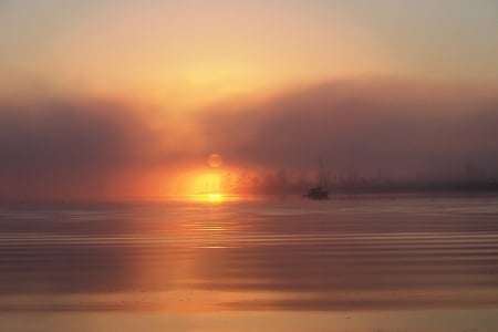 Ground Fog Sunrise - nature, sailboats, north carolina, fog, sunrise