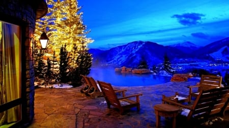 Winter Scenery - trees, winter, nature, lights, lake, mountains, chair