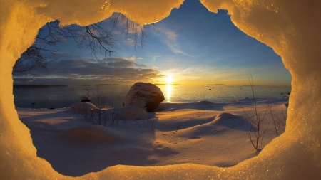 Winter Sunset - trees, winter, snow, sea, reflection, thaw, sunset, nature, rocks