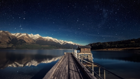 Snowy Peak - horizon, lake, stars, mountain, hills, night, wooden, peak, mist, nature, pier, reflection, shadow