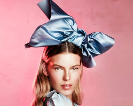 Beauty - blue, woman, model, girl, spring, face, bow, pink