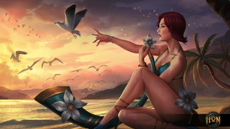 Luau Rhapsody - mictones, heroes of newerh, girl, fantasy, bird, luau rhapsody, game, luminos, flower