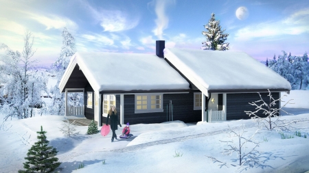 Winter Cabin - woman, hut, sky, snow, child