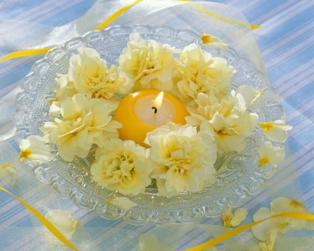 Lovely Flowers and Candle - candle, bloom, flowers, yellow