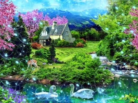 Spring paradise - lake, swan, spring, tree, nature