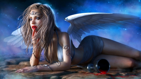 Fallen - blood, blue, girl, angel, blacktalonarts, fantasy, wings, art, luminos, cup