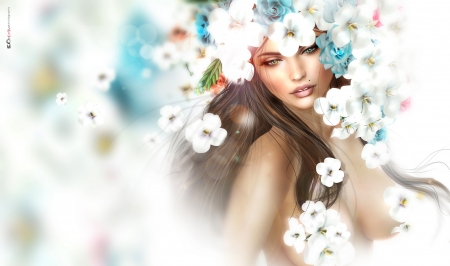 Beauty - blue, beauty, spring, flower, frumusete, fantasy, white, rendering, luminos