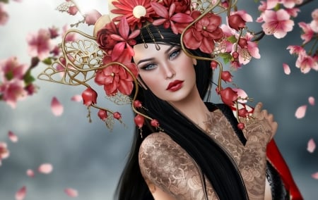 Beauty - tattoo, girl, flower, frumusete, fantasy, red, rendering, brunette, luminos