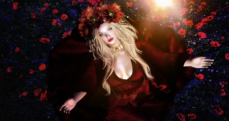 Beauty - poppy, girl, blonde, flower, frumusete, black, fantasy, wreath, red, rendering, luminos