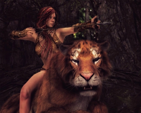 Archer - girl, luminos, shibashake, fantasy, tiger, archer