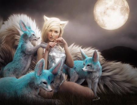 Foxgirl - moon, blue, fox, girl, fennec, shibashake, frumusete, fantasy, white, luminos, luna