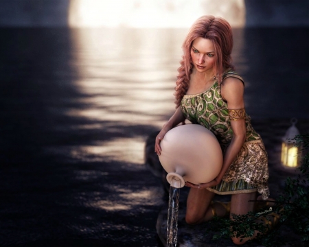 Moon maiden - moon, girl, water, summer, shibashake, fantasy, luminos, luna, maiden