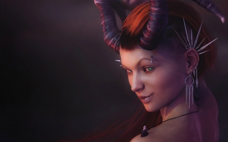 Redhead devil - shibashake, fantasy, redhead, girl, face, luminos, horns