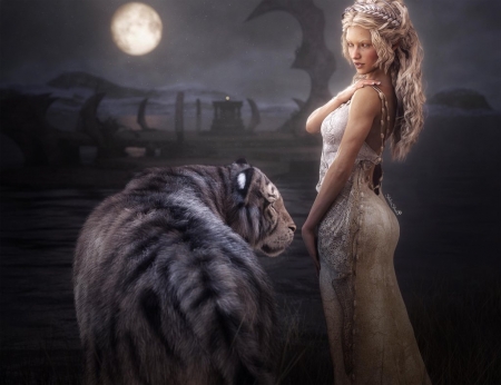 Moon maiden and the white tiger - moon, maiden, tiger, shibashake, fantasy, white, animal, luminos, luna