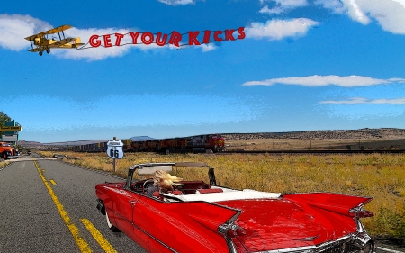 Get Your Kicks - arizona, highway, train, blonde, route 66, cadillac