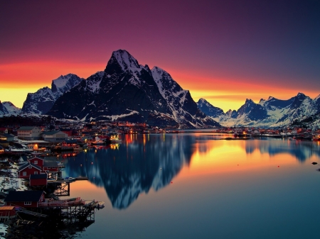 Lofoten Island,Norway - houses, mountain, water, mountains, sunset, cityscape, reine, nature, reflection, snow, island, lefoten, sea, lights