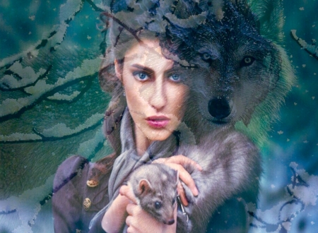 Soul - Woman, fantasy, winter, wolf, Beaitiful, weasel