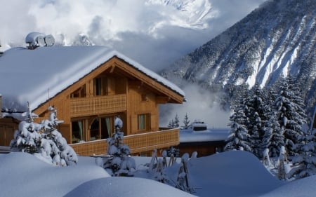 Winter Wooden House - nature, snowdrifts, trees, snow, wooden, winter, mountains, house