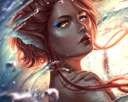 Mermaid - blue, frumusete, fantasy, siren, redhead, mermaid, redpear, luminos, blow