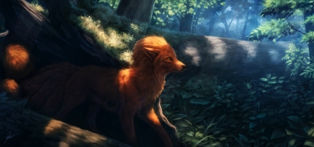 Fox - vulpe, wood, fox, forest, lhuin, fantasy, animal, red, luminos