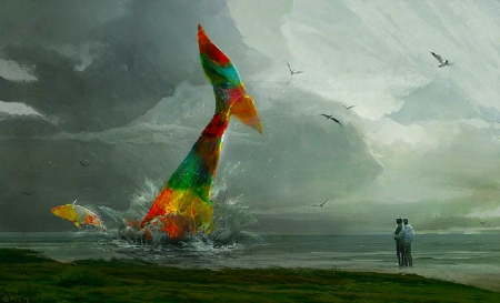 Mermaid Tail - storm, pretty, beach, beautiful, sea, tail, fantasy, mermaid, digital, art