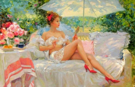 Muze in the Garden - woman, parasol, girl, fantasy, muze, razumov, painting, art, pretty, konstantin, beautiful, digital