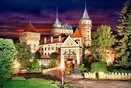 Bojnic Castle at Night FC - scenery, beautiful, photography, Slovakia, photo, cityscape, architecture, wide screen, Bojnic Castle