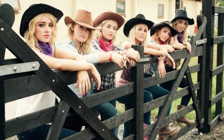 Watching Cowboys Go By.. - women, fun, girls, models, female, cowgirl, hats, western, style, gate, fashion, boots, rodeo, outdoors, brunettes, blondes, corral, ranch