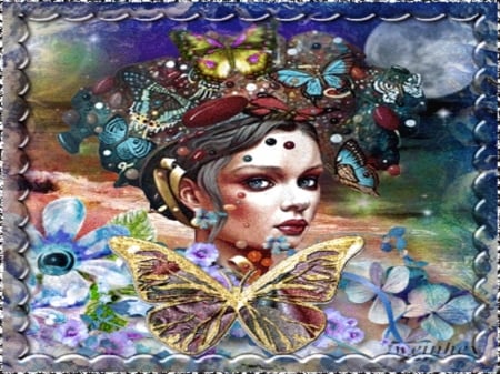 butterfly queen - fantasy, woman, beautiful, butterfly, face, framed