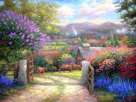 Country Gate of Spring - attractions in dreams, villages, spring, country road, nature, love four seasons, rural, flowers, paintings, garden