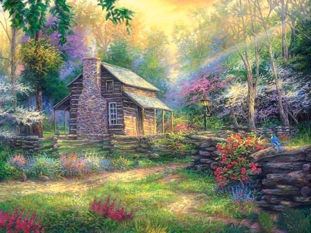 Woodland Oasis - attractions in dreams, paintings, dogwood, spring, flowers, nature, garden, cabins, love four seasons