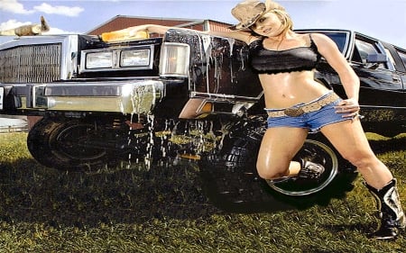 Washin' Her Lincoln.. - fun, cars, female, boots, fashion, hats, brunettes, western, cowgirl, style, ford, women, models, girls, outdoors, carwash, blondes, ranch