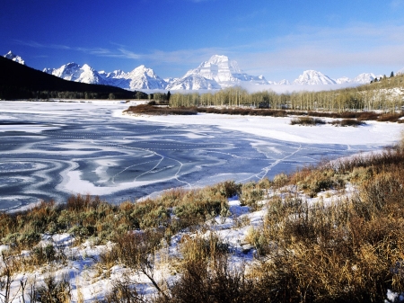 Grand Teton National Park, Wyoming - usa, river, ice, landscape, snow, mountains, sky